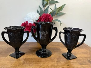 Black Amethyst Art Deco Style Trophy Vases Etched Floral and Dancing Nymph Decor - Picture 1 of 8