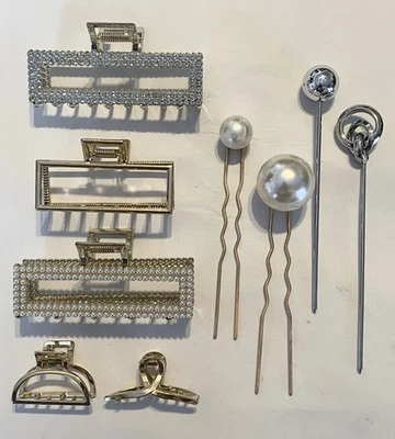 LOT MIX OF 9 METAL GOLDTONE RHINESTONES/FAUX PEARLS HAIR CLAWS & HAIR PINS ~ NEW - Image 1 of 4