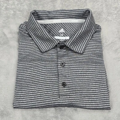 阿迪达斯 Polo 衫男式中号灰色黑色条纹高尔夫性能运动上衣 — 第 1/4 张图片