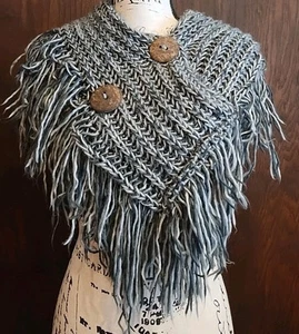 Outlander Gray Knit Triangle Scarf Fringe Button Rustic Winter Claire Shawl - Picture 1 of 6