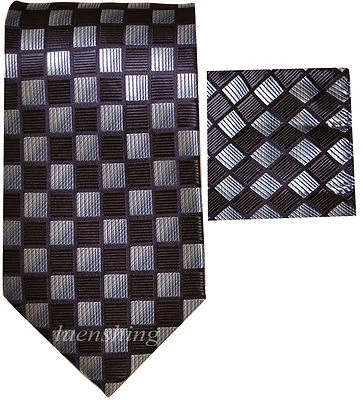 New Polyester Woven Men's neck tie and hankie set pattern blue silver formal - Image 1 of 3