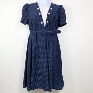 Vintage Dress Size 16P Polka Dot Navy Blue White Short Sleeve Belted USA Made - Picture 1 of 4