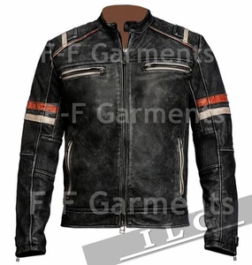 Men's Biker Vintage Motorcycle Cafe Racer Retro Moto Distressed Leather Jacket - Picture 1 of 3