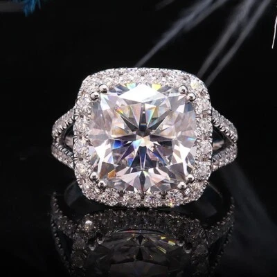 3.74 TCW Cushion Cut Moissanite Halo Engagement Ring 14K White Gold Plated - Image 1 of 4