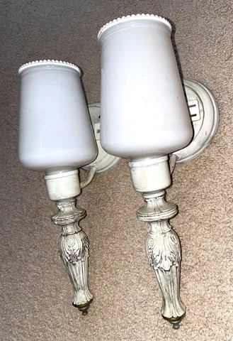 2 Antique White Victorian Wall Sconces Light Fixture With Glass, Untested Cover