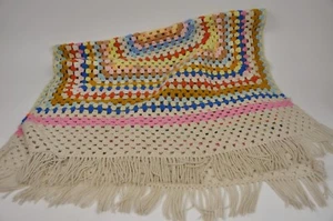 Vintage Handmade Afghan Throw Multicolor Fringe Wrap or Shawl 64" x 34" Knit - Picture 1 of 3