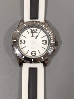 Geneva Black White Stripe Silicone Jelly Band Watch Round White Dial - Image 1 of 4