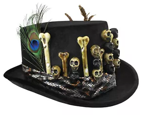 Adult Black Voodoo Top Hat Skull Bones Feather Witch Doctor Costume Headpiece - Picture 1 of 1