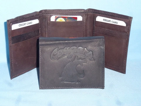 WASHINGTON STATE COUGARS   Leather TriFold Wallet    NEW    dkbr 3  m1 Cover