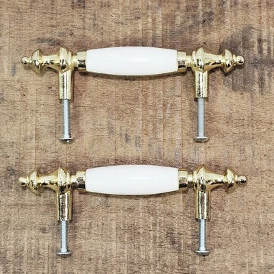 Drawer Pulls 5" Lot of 2 Shiny Brass & White 3" Hole Width Sturdy Solid - Image 1 of 4