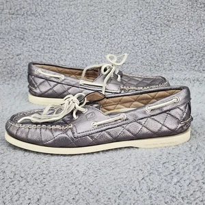 Sperry Top Sider Women's Boat Shoes Sz 8.5 Silver Leather Quilted Loafers Casual - Picture 1 of 11