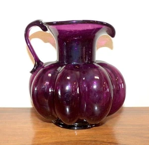 BULBOUS RIBBED HAND BLOWN AMETHIST GLASS PITCHER - Picture 1 of 6