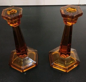 Coppia di portacandele in vetro ambrato art deco vintage ~ 19 cm - Foto 1 di 5