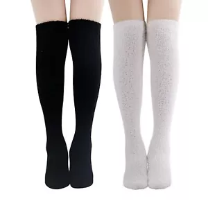 2 Pairs Soft Warm Fuzzy Knee High Long Cozy Microfiber Socks Black/White 2 Pairs - Picture 1 of 9