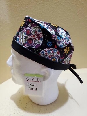 Sugar Skulls Black Halloween Men's Skull/Chemo Surgical Scrub Hat/Cap Handmade - Image 1 of 4