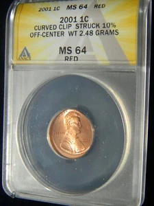 2001 LINCOLN CENT PENNY, CURVED CLIP @ K=1:00 & 10% OFF CENTER, ANACS MS 64 RED - Picture 1 of 4