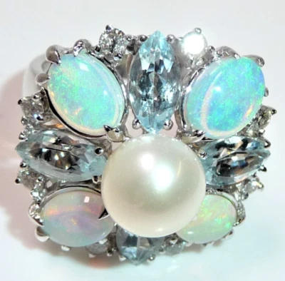 Ring 750 Gold 1.70 ct Aquamarin 2.00 ct. Opale + 0.30 ct. Diamanten Gr 54 - Bild 1 von 4