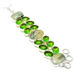 Prehnite, Peridot Gemstone 925 Sterling Silver Bracelet 7-8" d988 - Picture 1 of 6