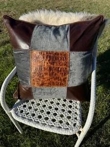 Large Dusty Blue Heavy Down Alligator Suede and Leather Patch Work Accent Pillow - Picture 1 of 6