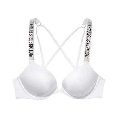 Victoria's Secret Bombshell Add 2 Cups Größe Glanz Träger Bikini Schwimmen Oberteil weiß neu mit Etikett - Bild 1 von 4