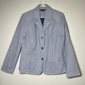 Joni B Blazer Jacket Women Size Medium Blue White Striped Seersucker Long Sleeve - Picture 1 of 10