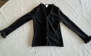 Investments 100% Fine Cashmere Black Button Up Sweater Women Sz XS Ruffle Cuffs - Picture 1 of 9