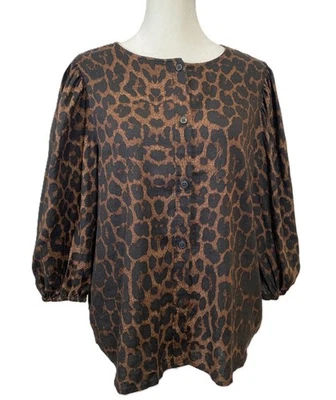 * Новый с Ярлыками * H и M льняной смеси блузка коричневый/леопардовый принт женщин L - Изображение 1 из 4