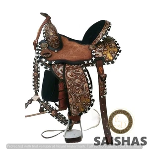 Juego de sillín de cuero Western Premium Barrel Racing mecanizado a mano con tachuela gratuita - Imagen 1 de 4