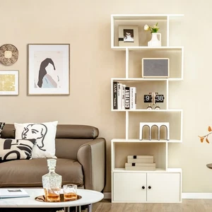 6-Tier Geometric Bookcase S-Shaped Bookshelf Freestanding Display Shelf White - Picture 1 of 7