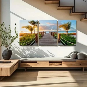 3pcs Beach At Sunset Palm Trees Modern Wall Art Canvas Framed 50x70cm - Foto 1 di 3