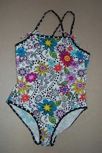 Girls 1 Piece Swimsuit WHITE w/ BOLD RETRO FLOWER PRINT Black Trim SIZE XS 4-5 - Picture 1 of 1