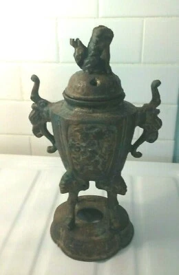 Antique Old Chinese Bronze Incense Burner Guardian Foo Dog Lion Censer Urn 12" - Image 1 of 4