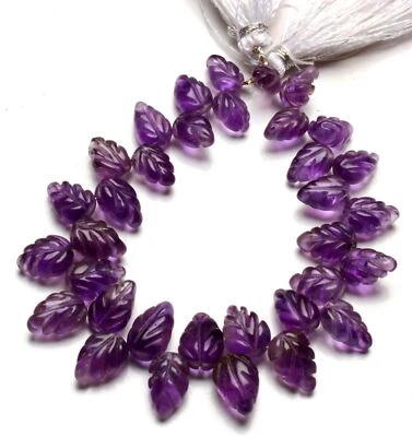 Natural Amethyst Gemstone 8 to 14 mm Size Hand Carved Leaf Shape Beads 7" Strand - Image 1 of 4