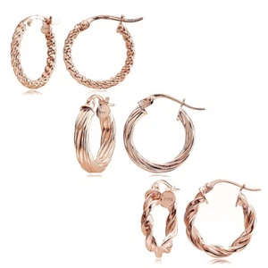 Rose Gold Flash Silver Polished Twist Design 15mm Hoop Earrings, Set of 3 - Picture 1 of 5