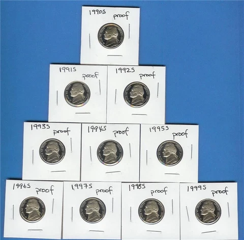 1990 - 1999 Proof Nickel Set of 10 GEM PROOF Coins Cover