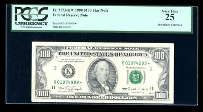DBR 1990 $100 FRN Dallas STAR Fr. 2173-K* PCGS 25 Serial K01974999* - Image 1 of 2