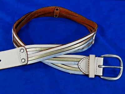 Vintage FOSSIL BRAND LEATHER BELT Unique Woven IVORY GOLD SILVER BOHO CHIC sz S - Image 1 of 4