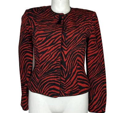 MAGGY LONDON Jacket 12 Red Black Zebra Stripe 100% Silk Quilted Long Sl Topper - Image 1 of 4