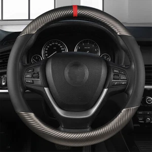 Carbon Black Leather Car Steering Wheel Cover Breathable Non-slip CarAccessories - Foto 1 di 9