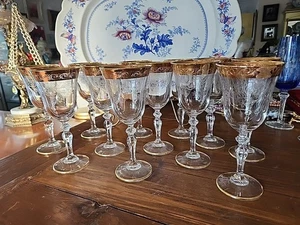 12 italienische klare geätzte 6,3/4" Weinkelch Gläser Goldband unbekannter Hersteller - Bild 1 von 18