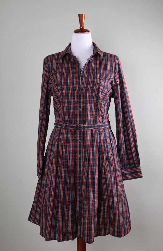 Vestido Camisa BROOKS BROTHERS Rojo Vellón Nuevo con Etiquetas $98 Flecos Cuadros Cinturón Talla 14 Foto 1 de 4