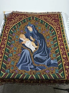 Vintage Crown Crafts Tapestry 47x54 Mary Holding Jesus Blanket Throws USA - Picture 1 of 1