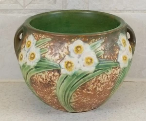 Roseville Keramik Jonquil Muster niedrige Henkel Vase mit Etikett Top Zustand - Bild 1 von 8