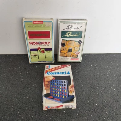 3 x Vintage Travel Games Monopoly Cluedo & Connect 4 Waddingtons MB Games - Image 1 of 4