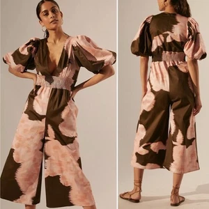 Anthropologie NWT Hutch Floral Plunging Jumpsuit Small green pink puffed sleeves - Picture 1 of 15