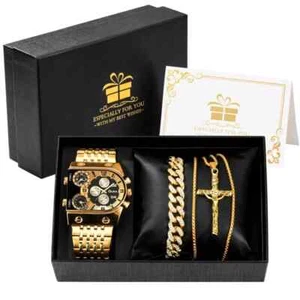 Oulm Square Quartz Watch Set Gift for Men Quartz Bracelet Crucifix Necklace - Picture 1 of 7