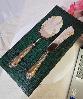 RARO Malde Arbones Joyeros Servidor de Pasteles y Cuchillo para Pasteles Acento Dorado Placa de Plata -A17 Foto 1 de 4