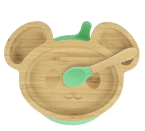 BIOZOYG Eco Bamboo Wood Suction MOUSE Bear FEEDING PLATE Bowl & Spoon Green NEW - Picture 1 of 4