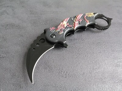 Navaja de Bolsillo Plegable KARAMBIT Dragón Rojo Negra Asistida por Resorte Clip de Bolsillo Edc Foto 1 de 4