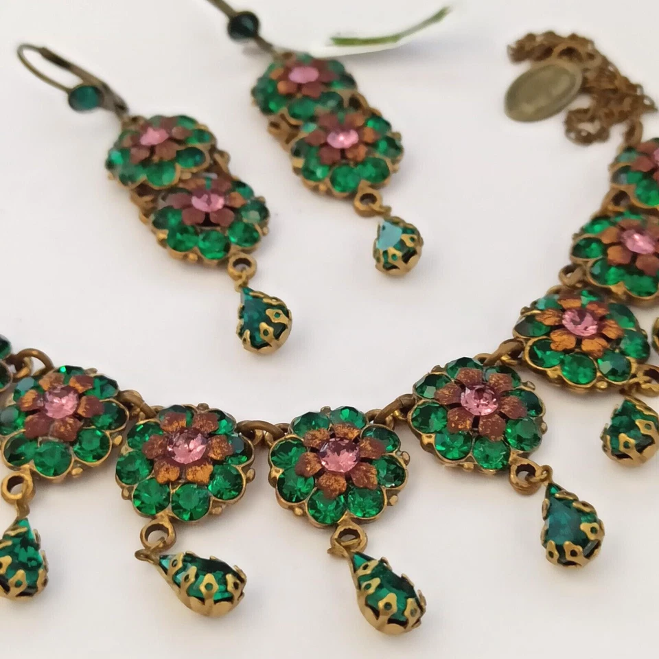 Michal Negrin Set Deep Royal Green Crystals Purple Earrings Necklace Chandelier - Image 1 of 4